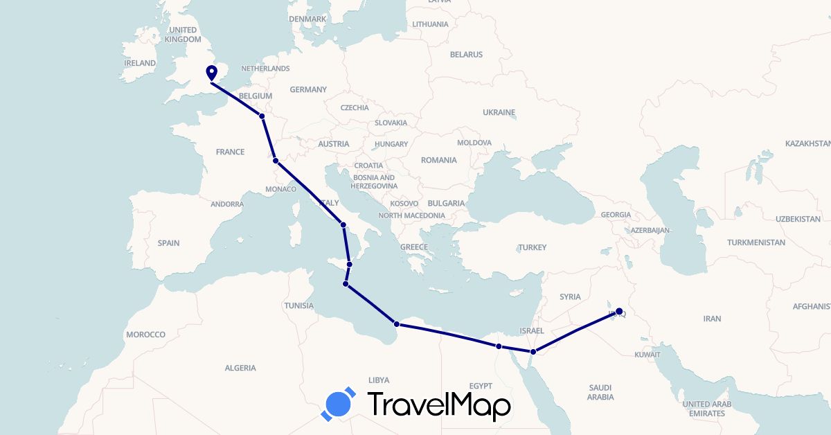 TravelMap itinerary: driving in Egypt, France, United Kingdom, Iraq, Italy, Jordan, Libya, Malta (Africa, Asia, Europe)