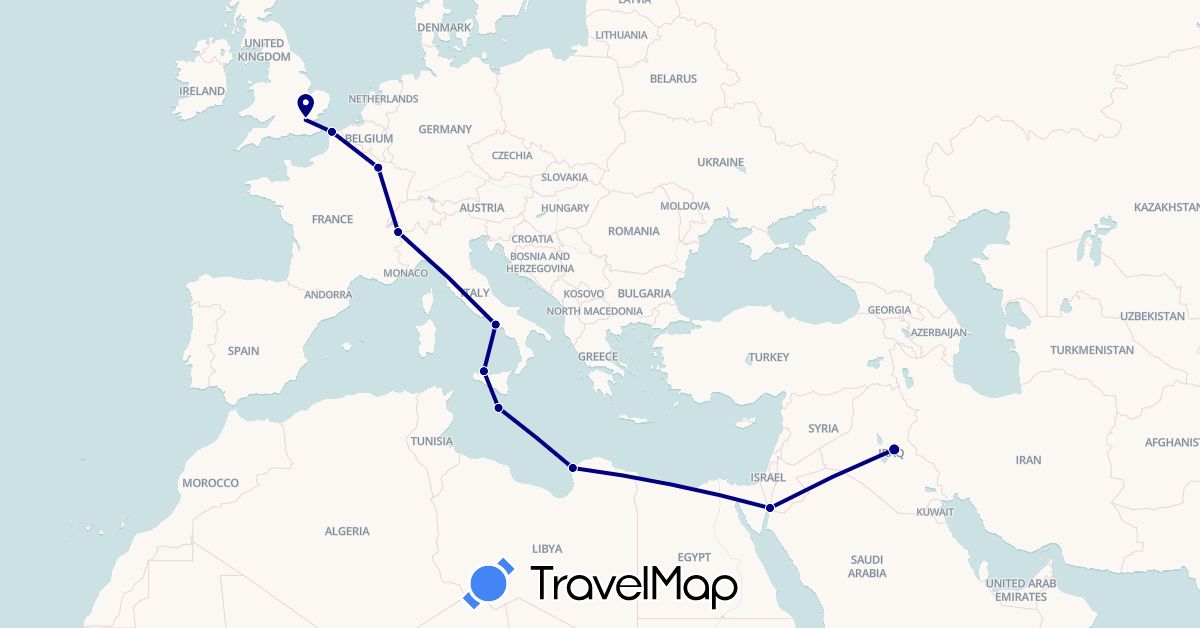 TravelMap itinerary: driving in France, United Kingdom, Iraq, Italy, Jordan, Libya, Malta (Africa, Asia, Europe)